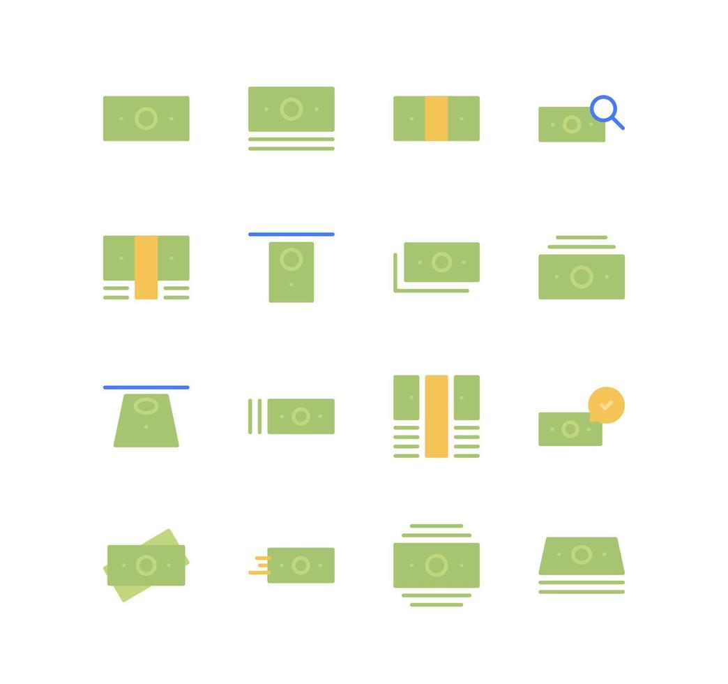 Set of money and finance icons, pay, paper money, cash, growth, check, market, value, earn and flat line variety vectors. vector