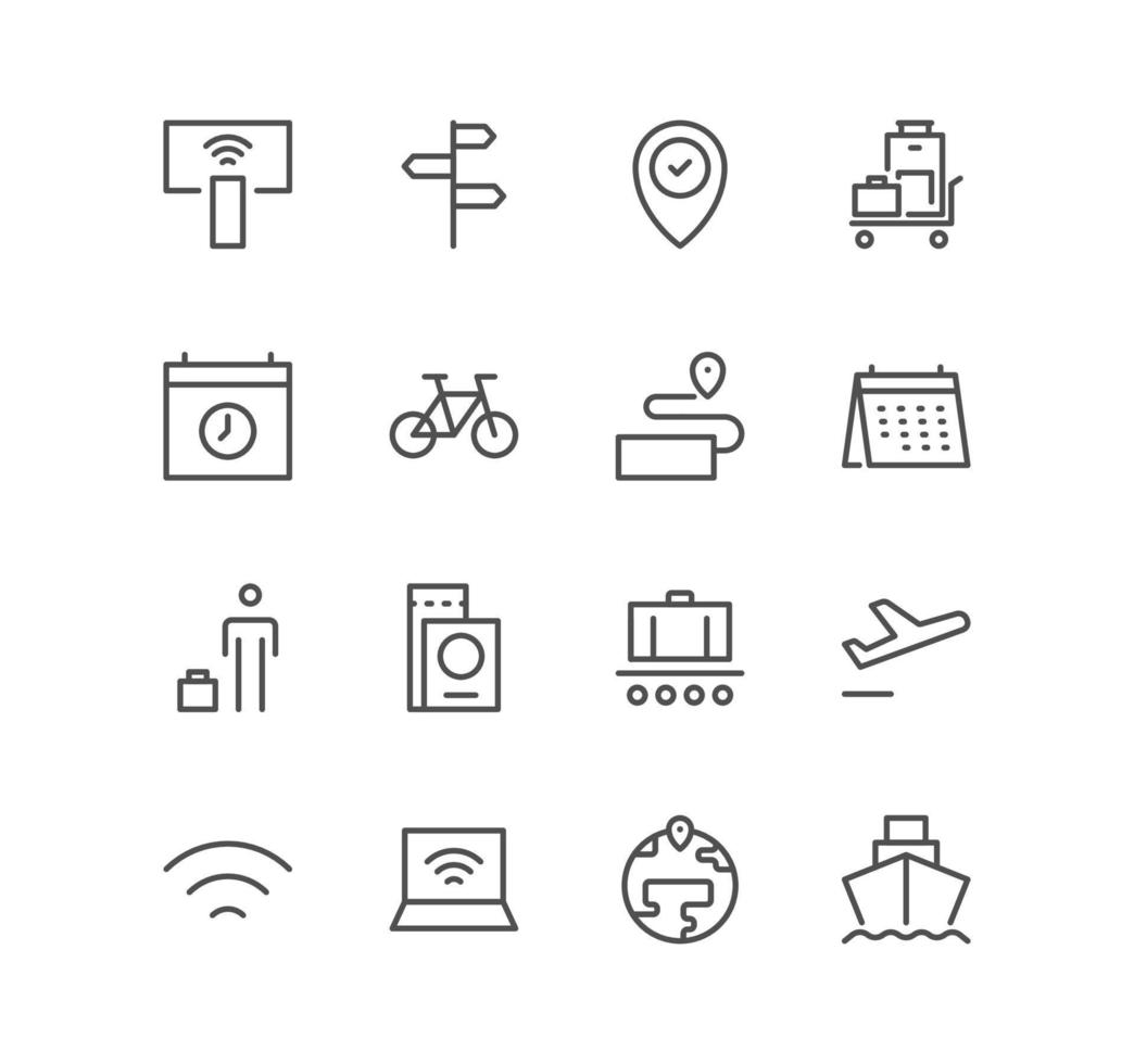 Set of travel and tourism icons, hotel, vacation, journey, transportation and linear variety vectors. vector