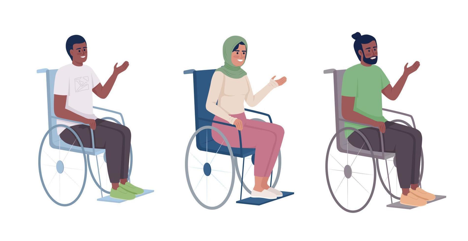 Disabled patients in wheelchairs semi flat color vector characters set. Editable figures. Full body people on white. Simple cartoon style illustrations collection for web graphic design and animation