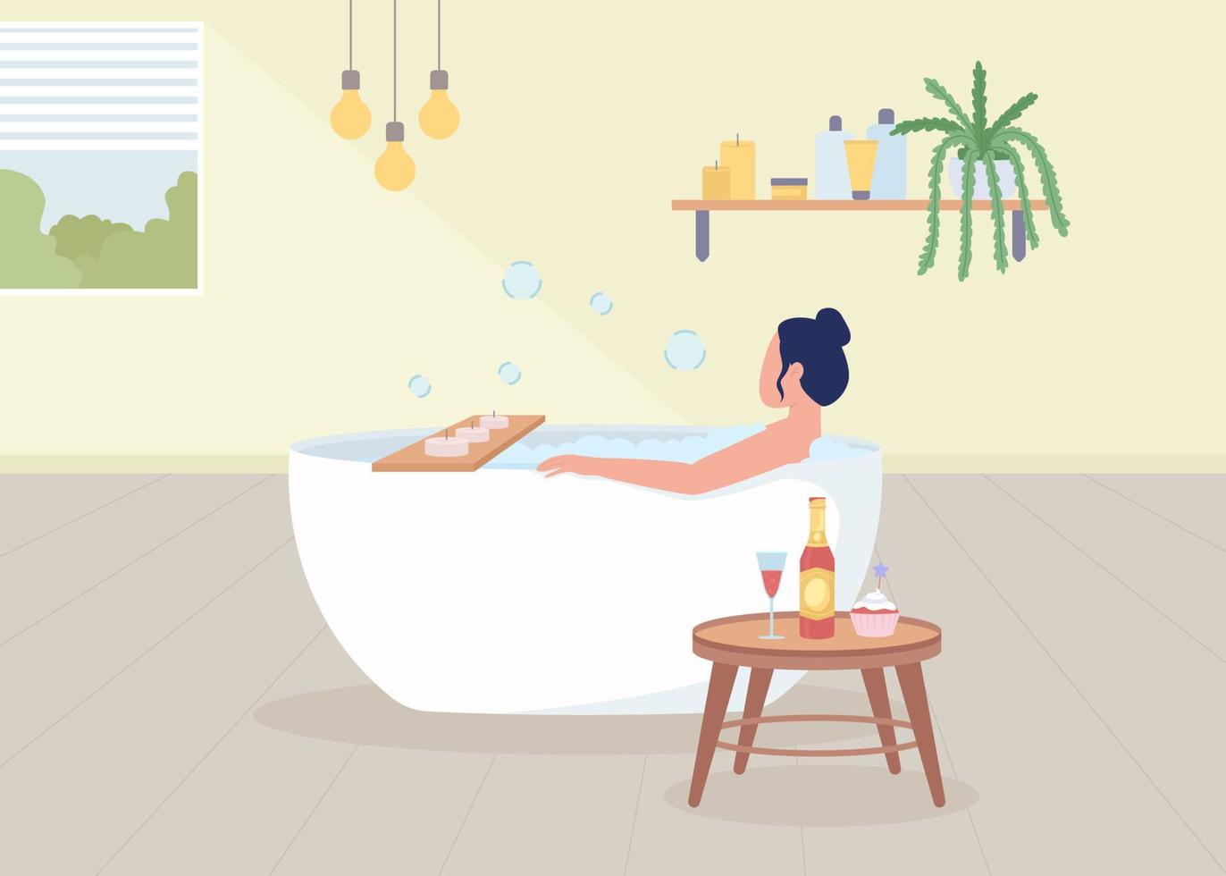 mujer bañándose ilustración de vector de color plano. señora cuidando de sí misma. ambiente higienico. tiempo de relax y esparcimiento. personaje de dibujos animados simple 2d completamente editable con baño en el fondo