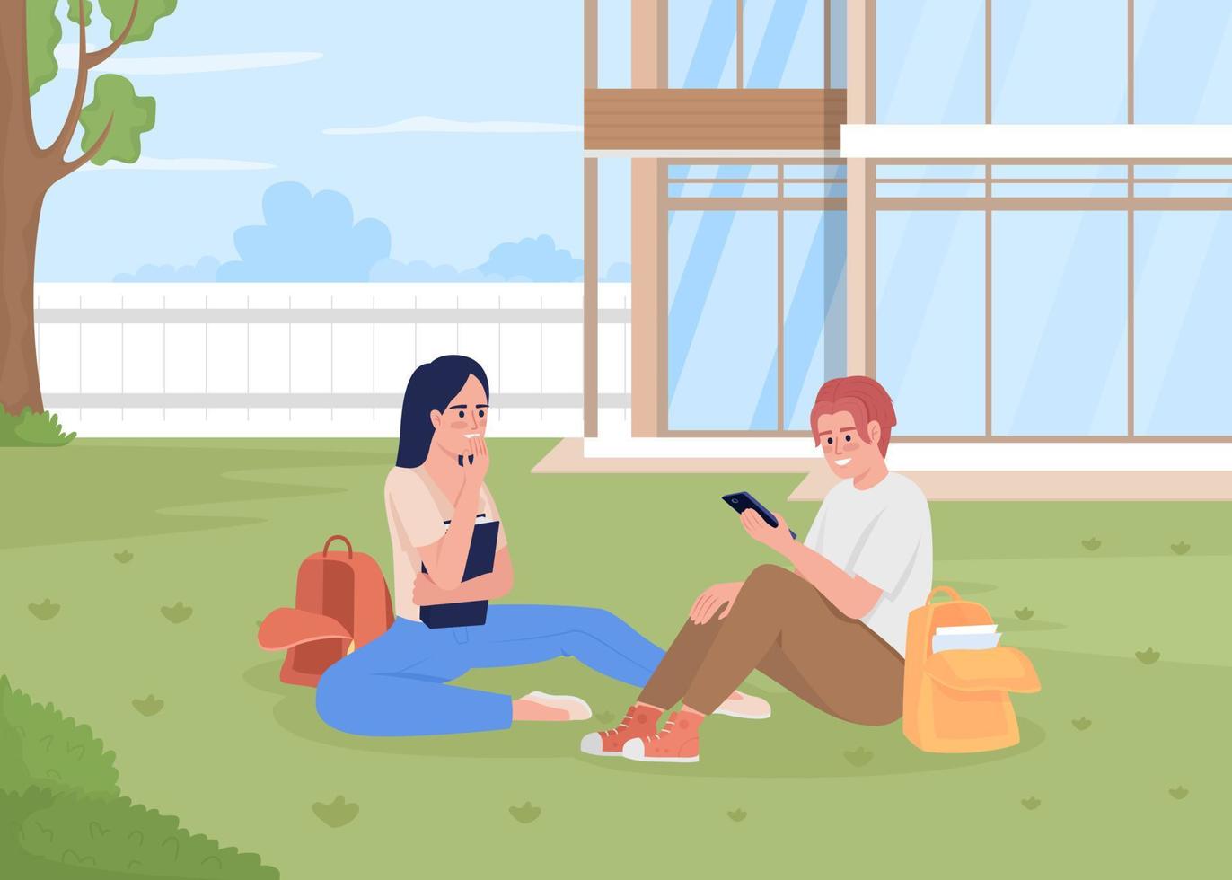 Students resting on lawn flat color vector illustration. Friends sitting on grass near college. University lifestyle. Fully editable 2D simple cartoon characters with landscape on background