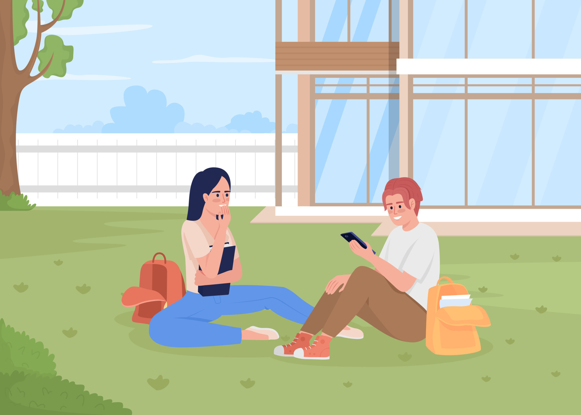 Students resting on lawn flat color vector illustration. Friends sitting on  grass near college. University lifestyle. Fully editable 2D simple cartoon  characters with landscape on background 14744302 Vector Art at Vecteezy