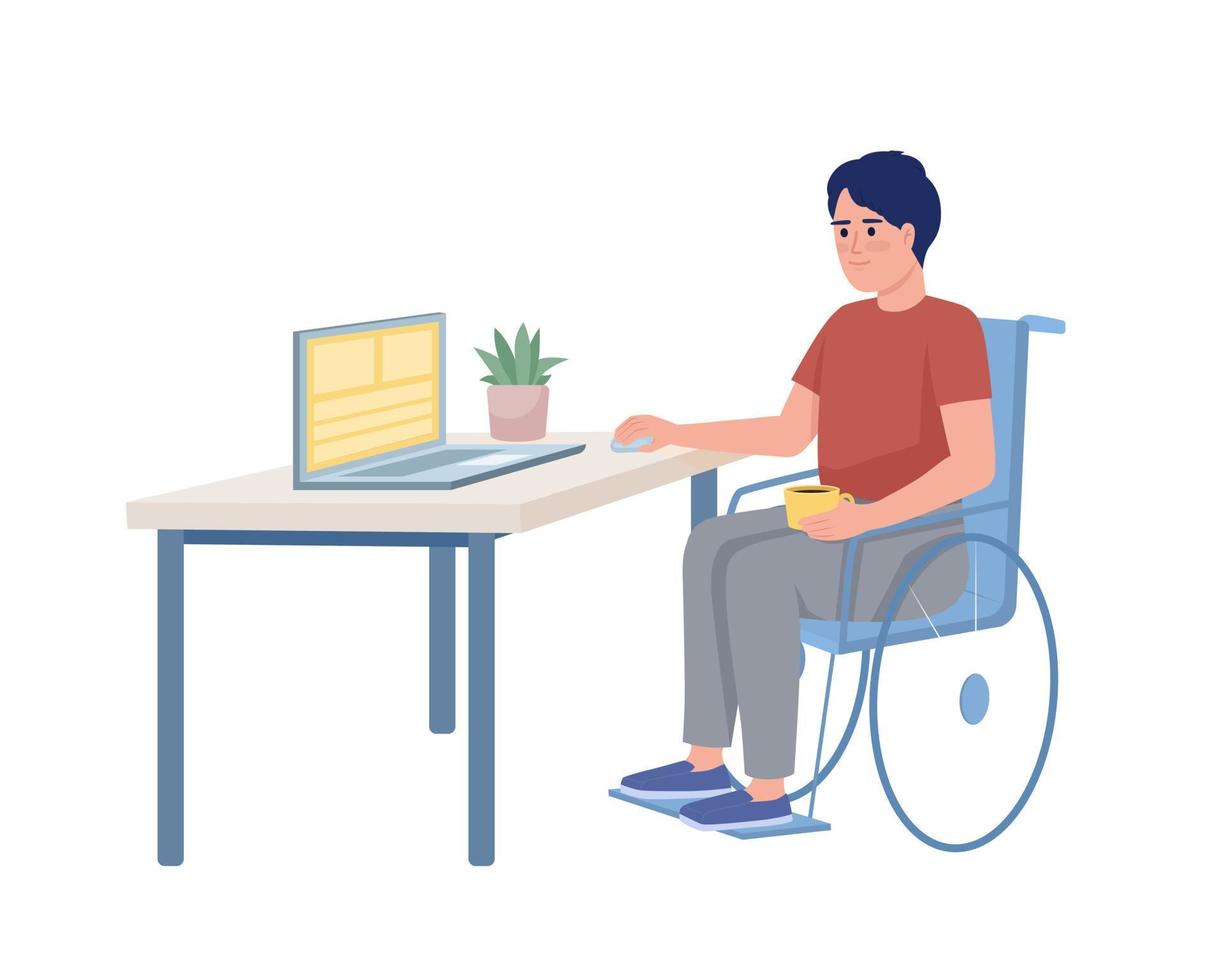 Disabled guy working on laptop semi flat color vector character. Editable figure. Full body person on white. Home office simple cartoon style illustration for web graphic design and animation