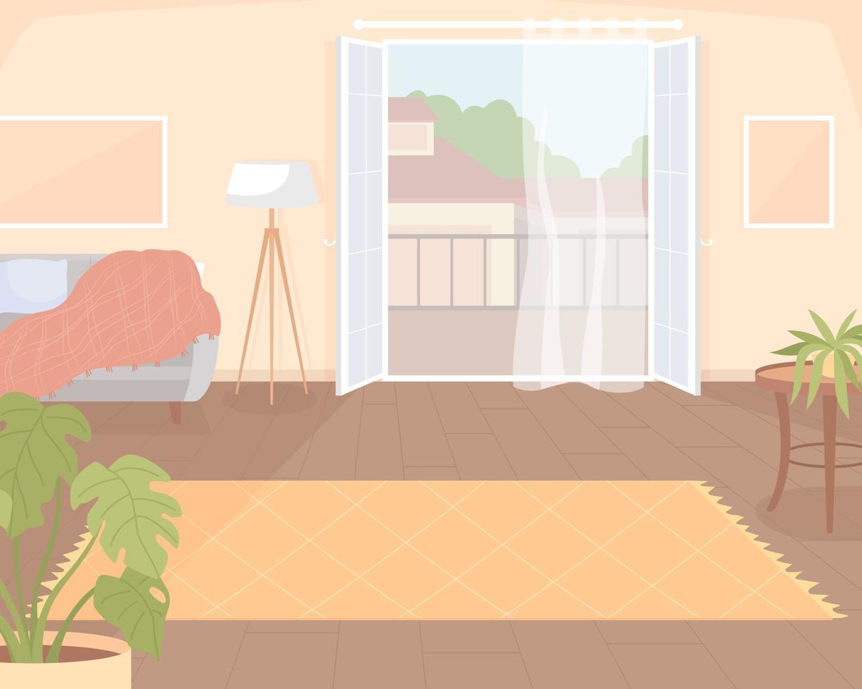 Elegant living room flat color vector illustration. Stylish carpet near balcony. Furnished apartment for rent. Fully editable 2D simple cartoon interior with city street on background