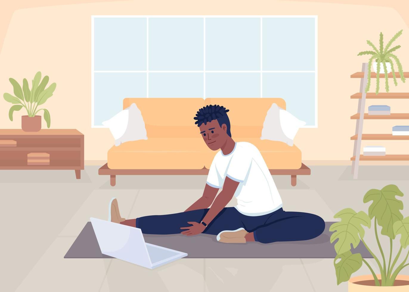 Man stretching legs flat color vector illustration. Sportsman streaming domestic training. Video blogger exercising. Fully editable 2D simple cartoon character with living room on background