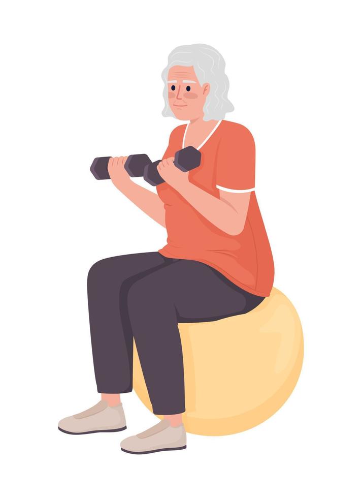 Elderly woman exercising semi flat color vector character. Editable figure. Full body person on white. Workout for wellbeing simple cartoon style illustration for web graphic design and animation