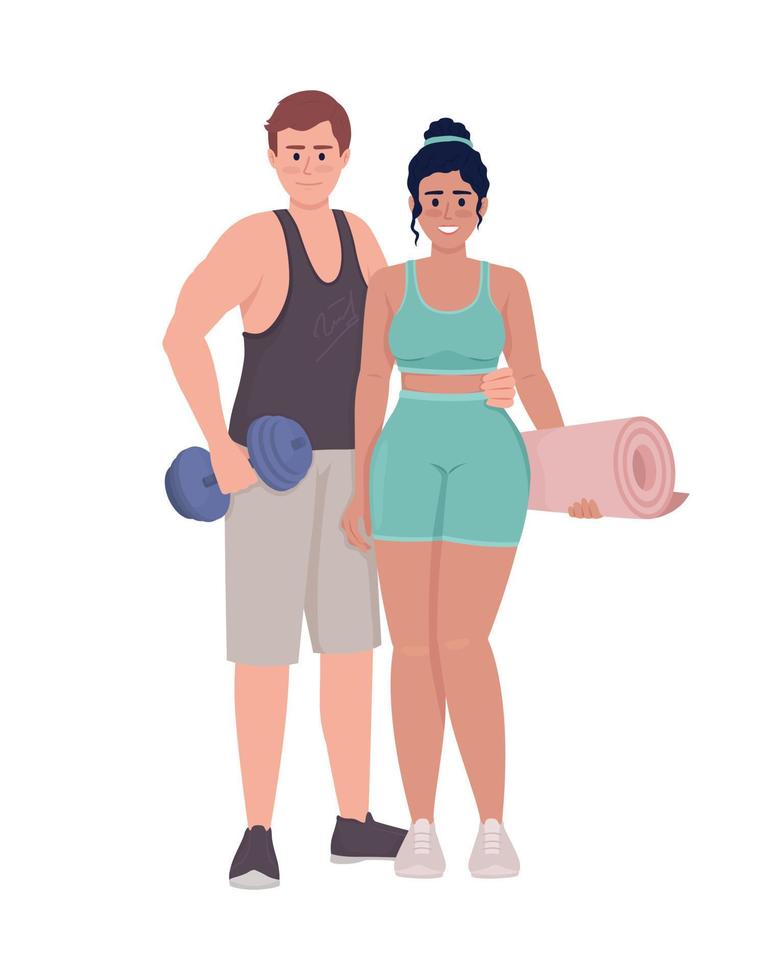 Positive couple with sports equipment semi flat color vector characters. Editable figures. Full body people on white. Exercising simple cartoon style illustration for web graphic design and animation