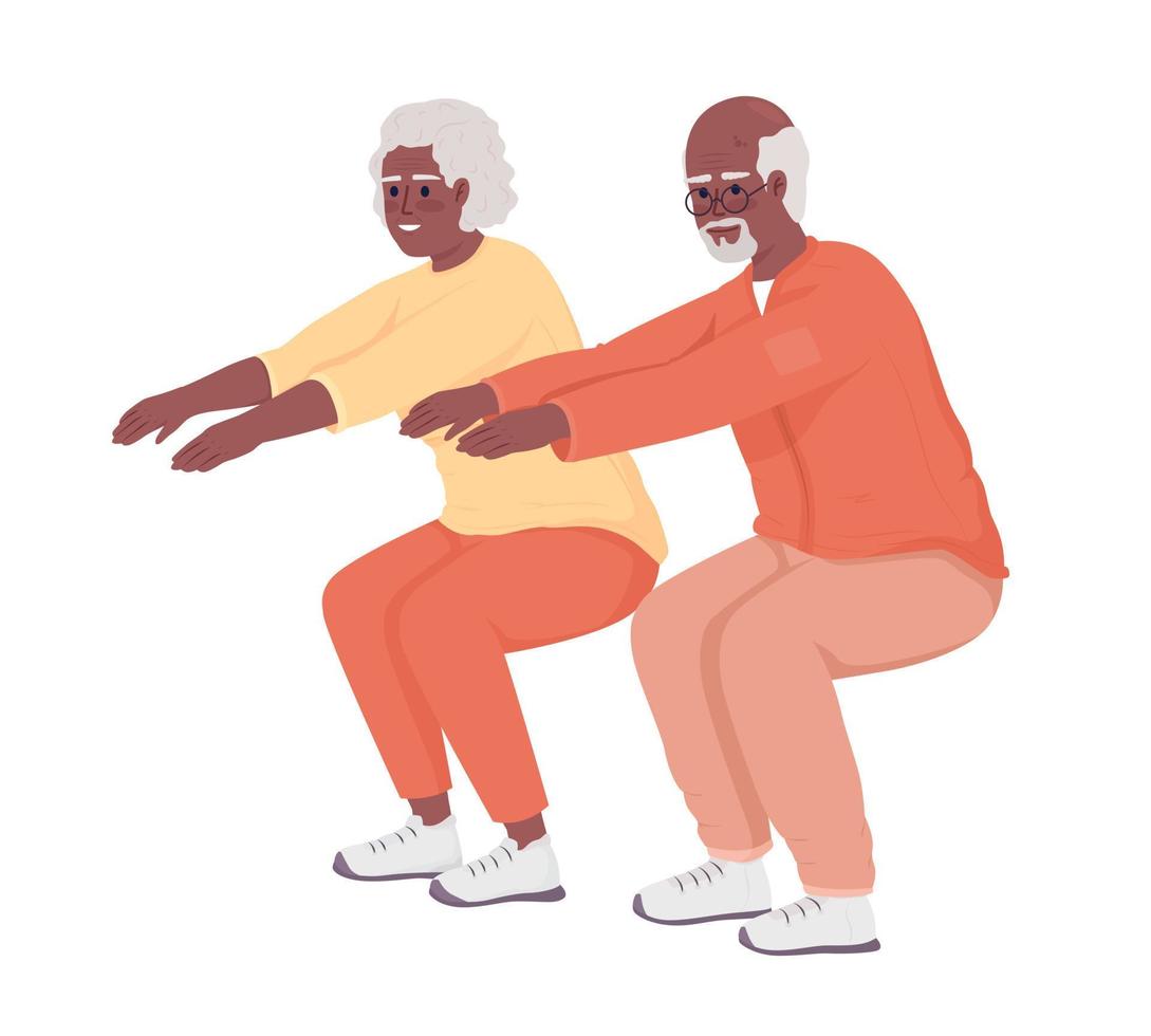 pareja de ancianos haciendo sentadillas con caracteres vectoriales de color semiplano. figuras editables. personas de cuerpo completo en blanco. ejercicios deportivos ilustración de estilo de dibujos animados simple para diseño gráfico web y animación vector