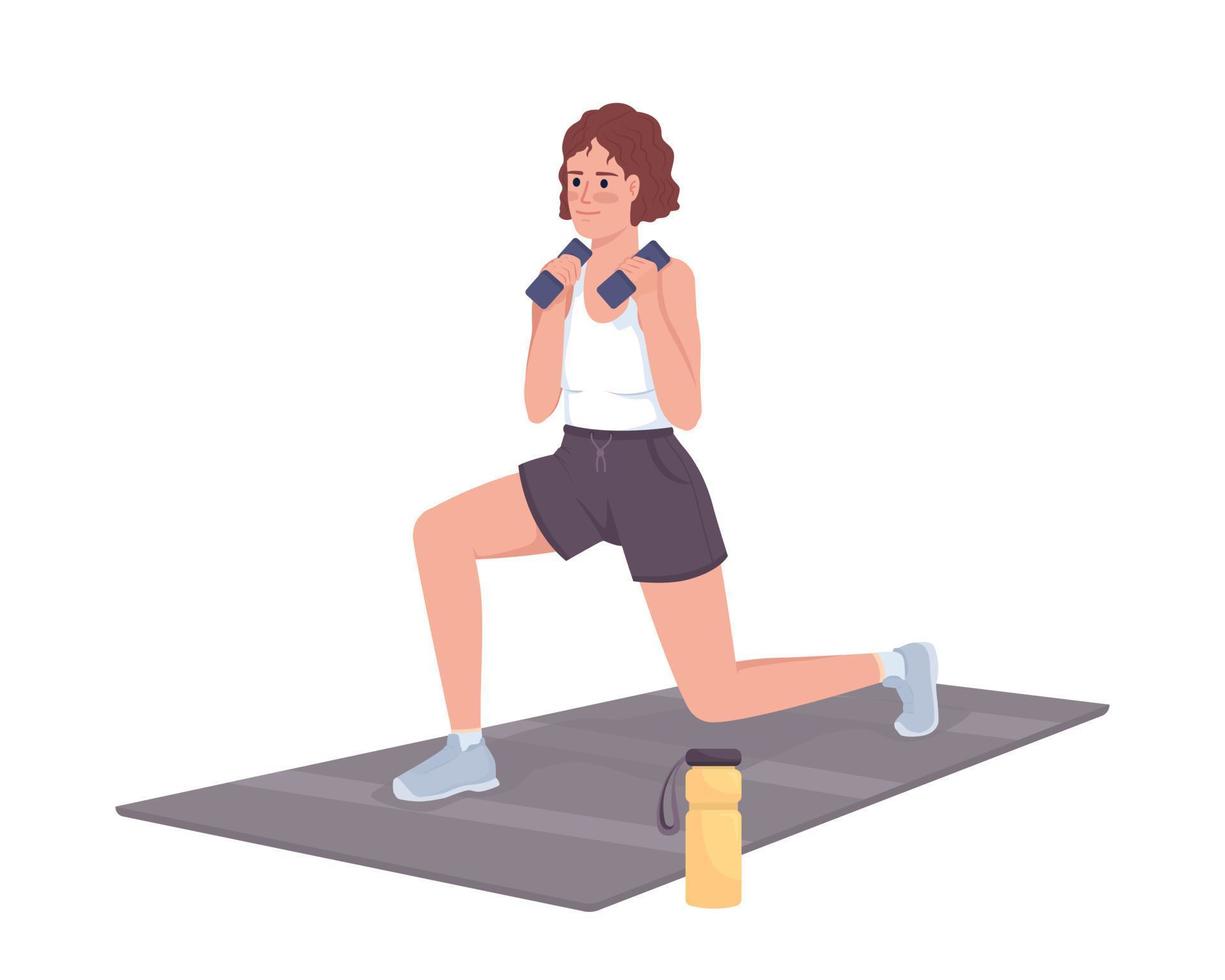 Lady exercising with dumbbells semi flat color vector character. Editable figure. Full body person on white. Training simple cartoon style illustration for web graphic design and animation