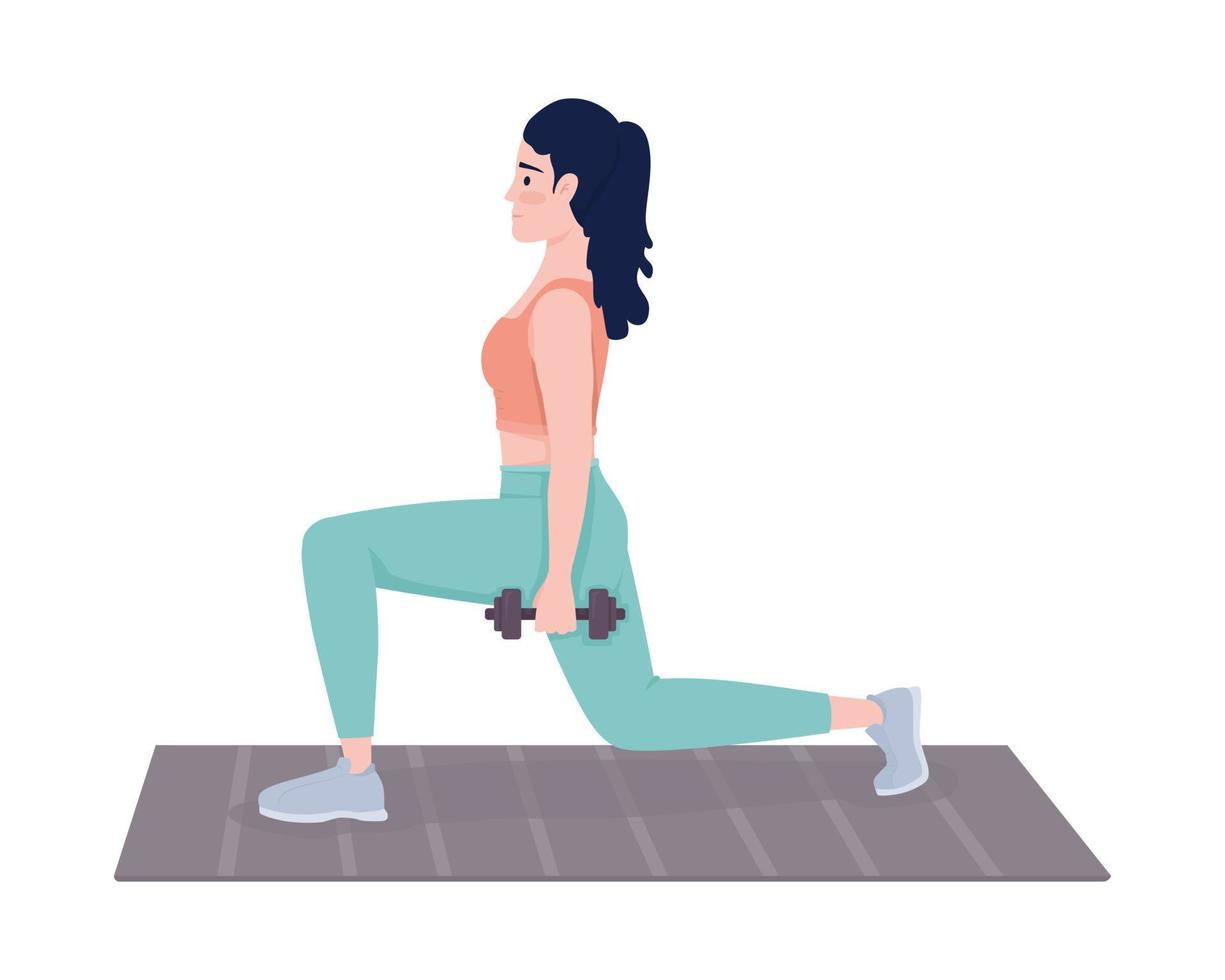 Sportswoman showing dynamic lunges semi flat color vector character. Editable figure. Full body person on white. Exercises simple cartoon style illustration for web graphic design and animation