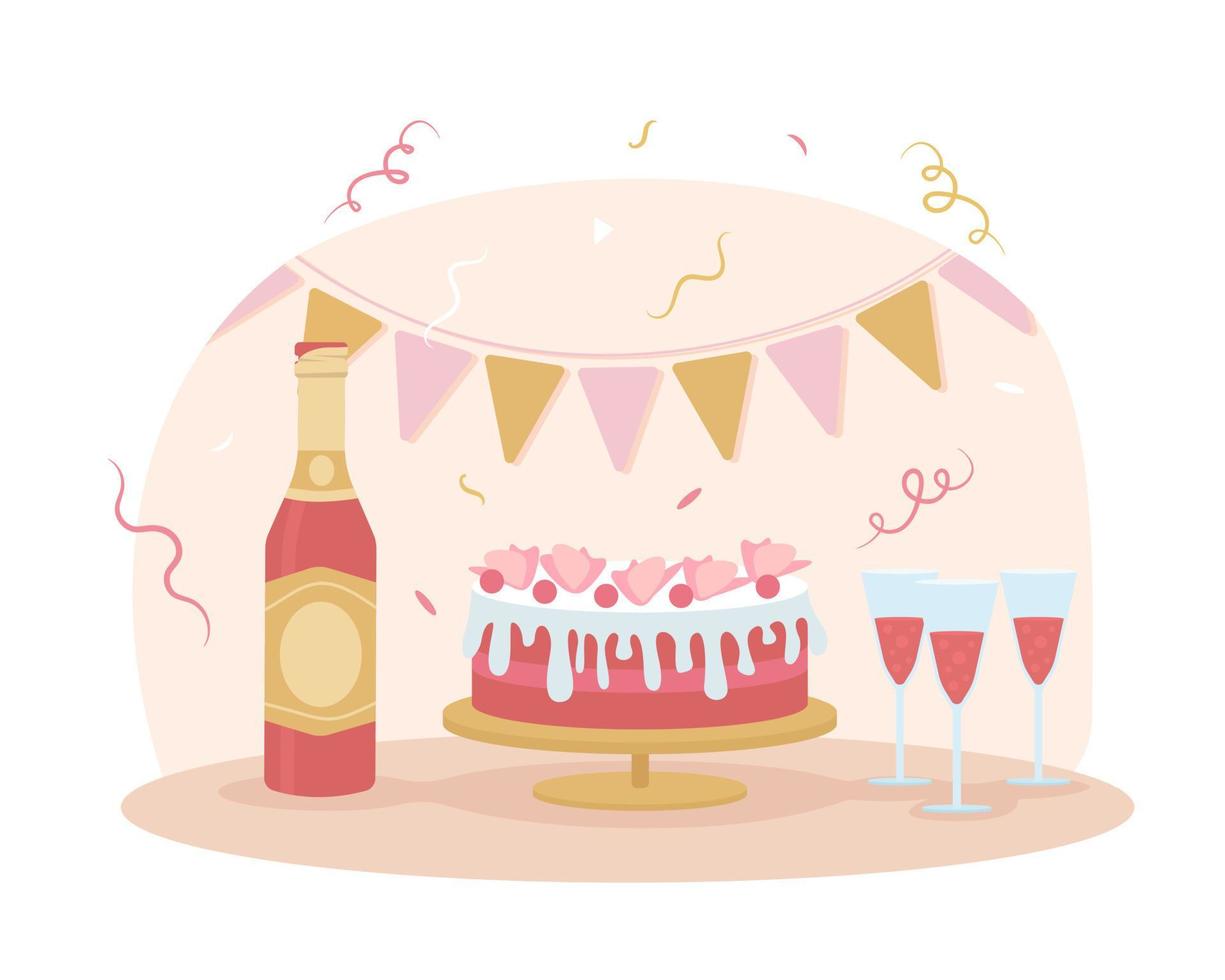 Bachelorette party food 2D vector isolated illustration. Creamed cake with sparkling wine. Hen party flat composition on cartoon background. Colourful editable scene for mobile, website, presentation