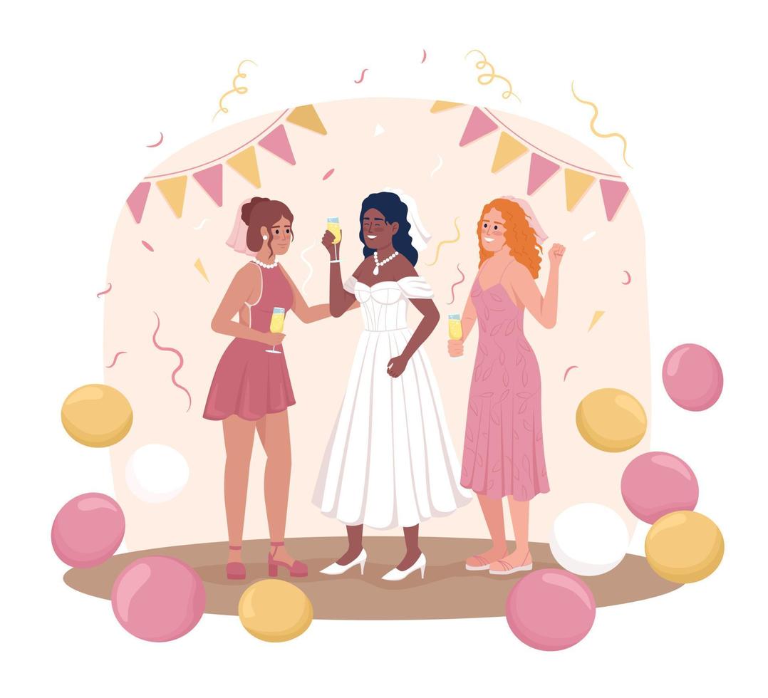 fiesta previa a la boda para la novia 2d vector ilustración aislada. futura esposa con personajes planos de damas de honor en el fondo de dibujos animados. colorida escena editable para móvil, sitio web, presentación