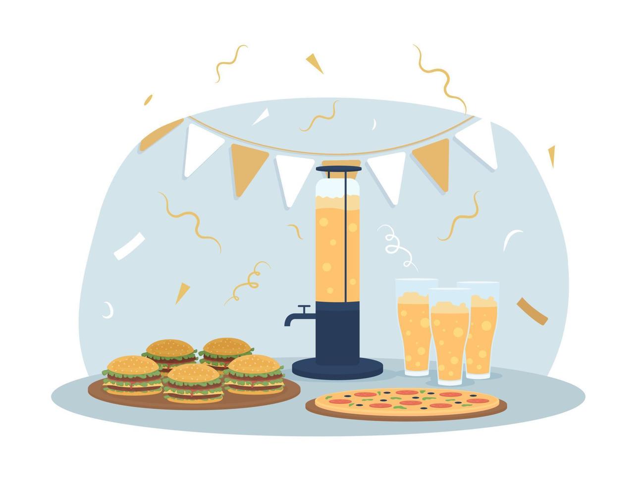 Bachelor party food 2D vector isolated illustration. Beer with pizza, hamburgers flat composition on cartoon background. Stag party. Colourful editable scene for mobile, website, presentation