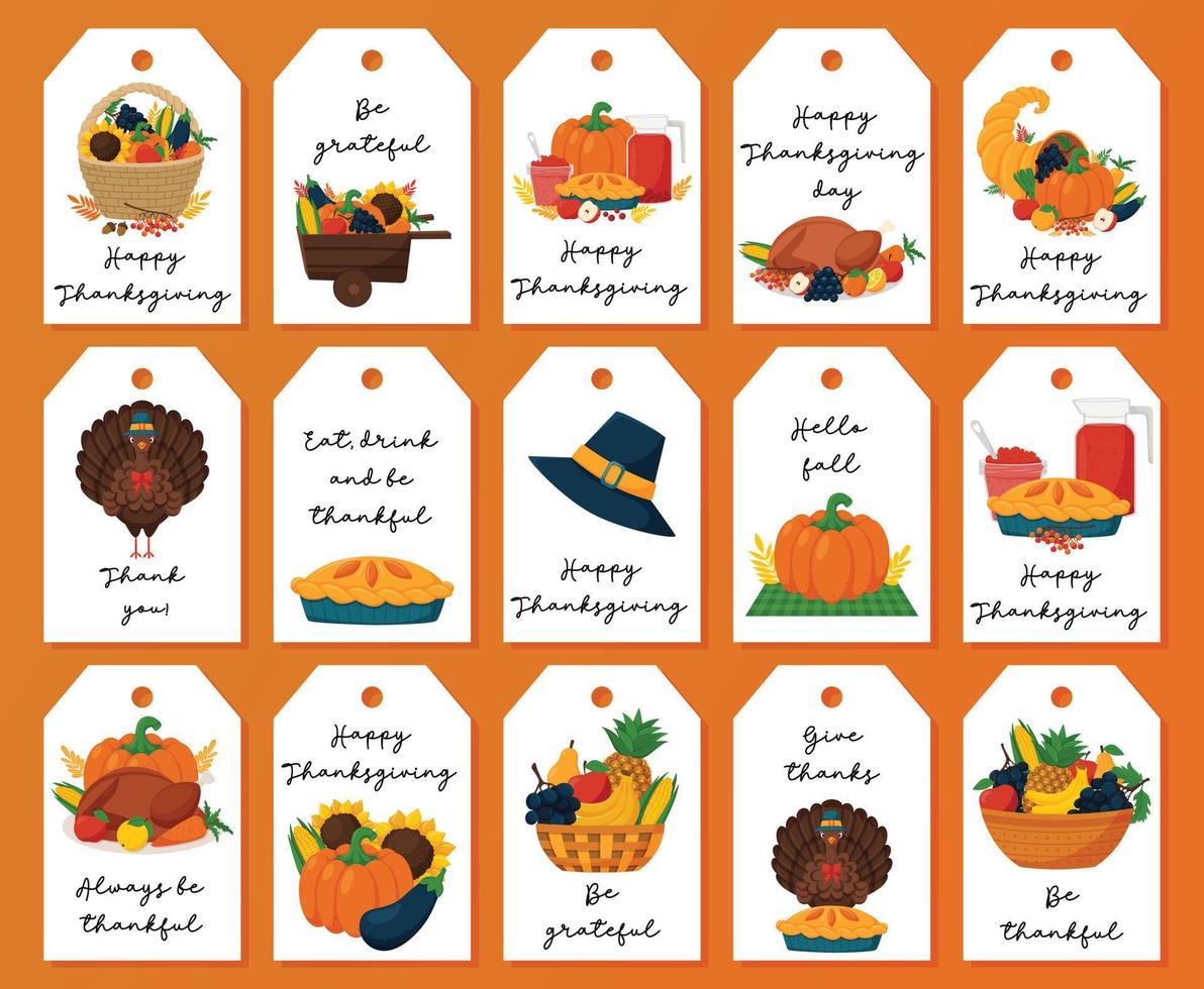 Thanksgiving Gift Tag Set. Ready-to-print label postcards with illustrations and handwritten greetings. Flat vector illustrations on white background.