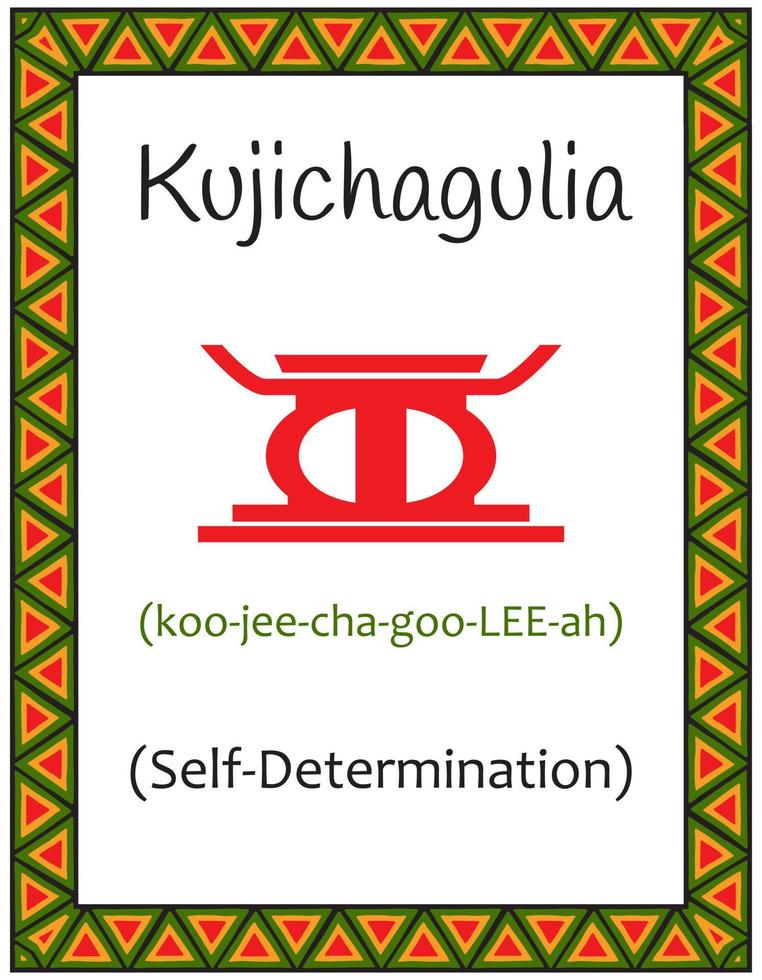 A card with one of the Kwanzaa principles. Symbol Kujichagulia means Self-determination in Swahili. Poster with an ethnic African pattern in traditional colors. Vector illustration
