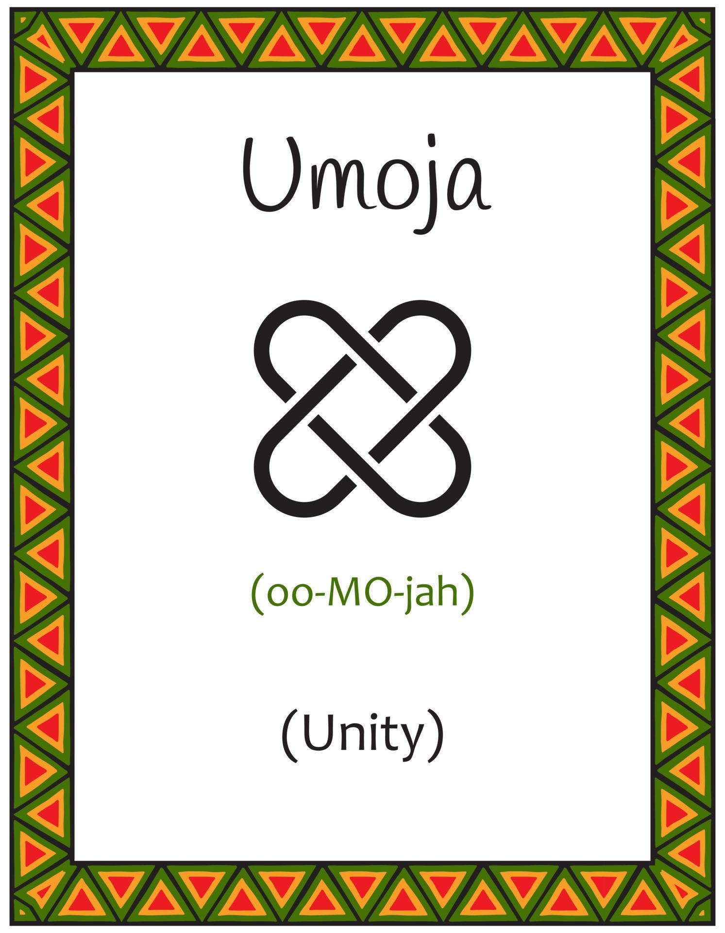 A card with one of the Kwanzaa principles. Symbol Umoja means Unity in