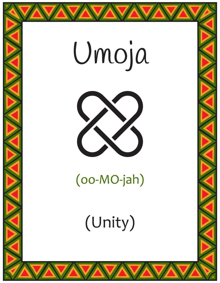 A card with one of the Kwanzaa principles. Symbol Umoja means Unity in Swahili. Poster with an ethnic African pattern in traditional colors. Vector illustration