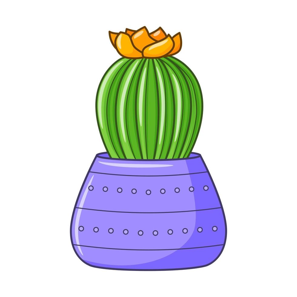 cactus floreciente de dibujos animados vectoriales en maceta. planta suculenta de interior con flor. cactus para el hogar y el interior. ilustración botánica colorida del garabato aislada en el fondo blanco. vector