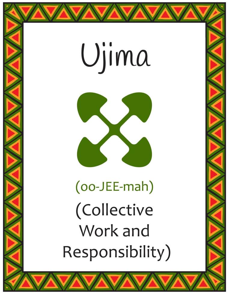 A card with one of the Kwanzaa principles. Symbol Ujiima means Collective work and responsibility in Swahili. Poster with an ethnic African pattern in traditional colors. Vector illustration
