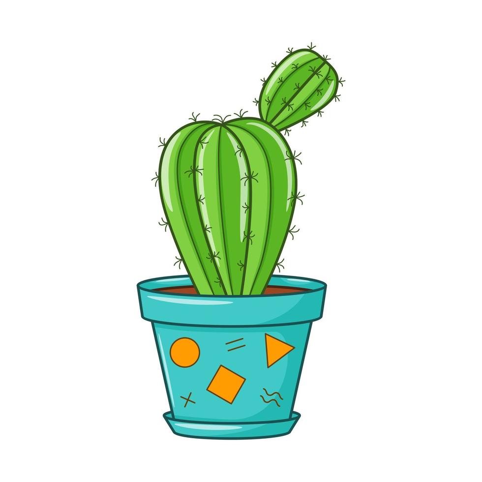 Vector cartoon cactus in pot. Indoor succulent plant with thorns. Cacti for home and interior. Colorful botanical doodle illustration isolated on white background.