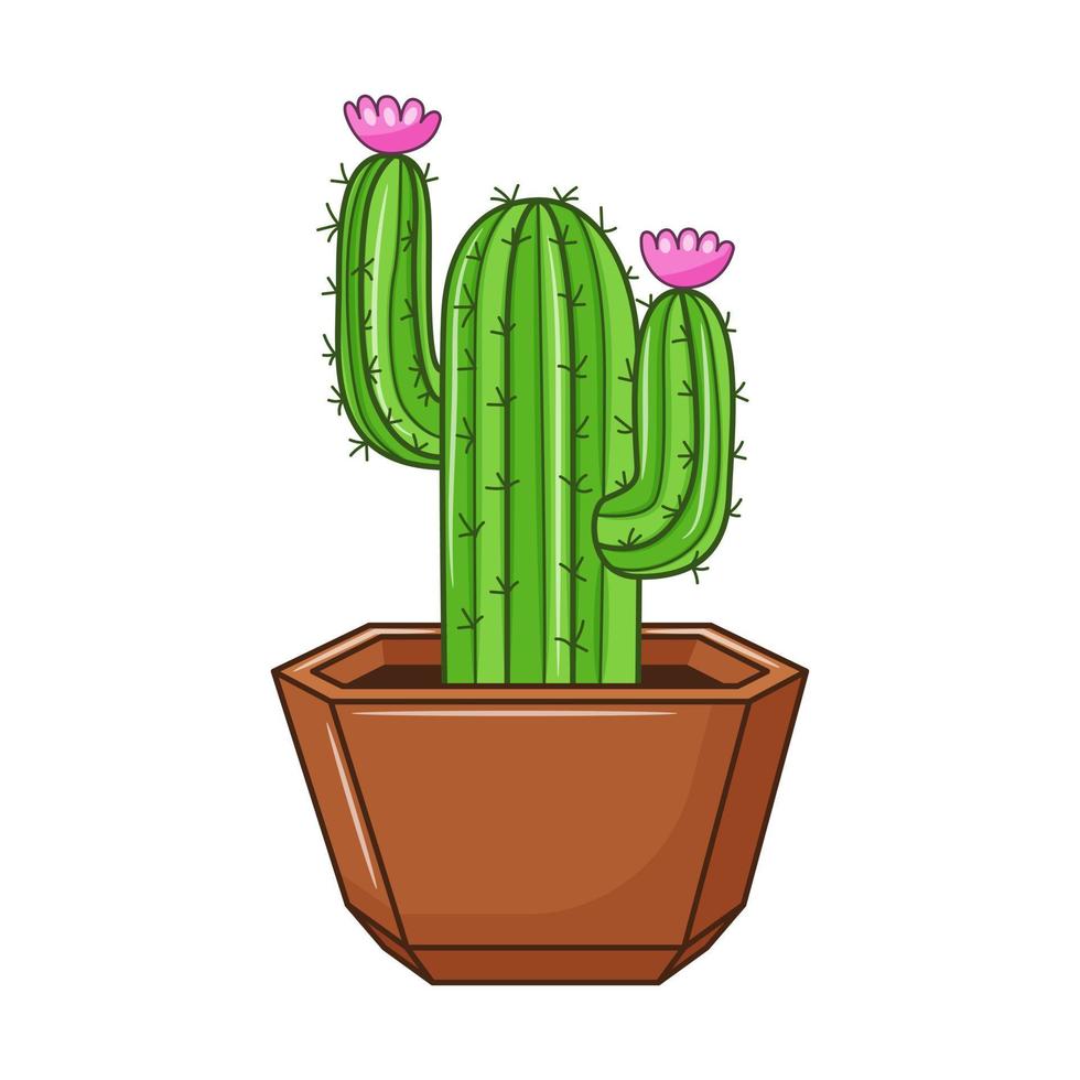Vector cartoon cactus in pot. Indoor succulent plant with thorns and flowers. Cacti for home and interior. Colorful botanical doodle illustration isolated on white background.