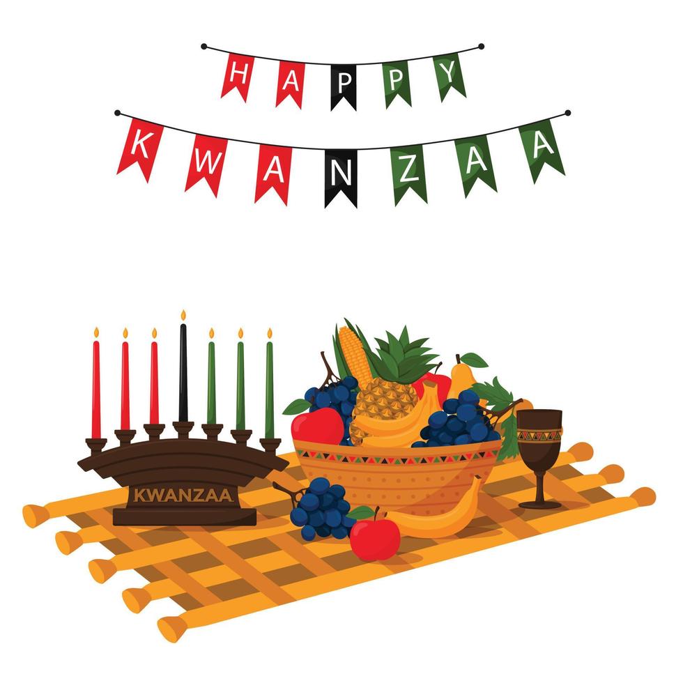 Square holiday card of Happy Kwanzaa. A composition with a woven mat, a kinara, a fruit basket and unity cup. Cartoon vector illustration on a white background