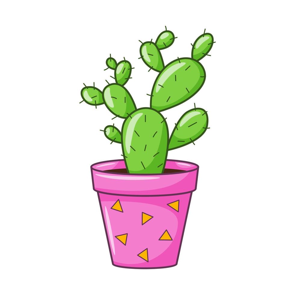 Vector cartoon cactus in pot. Indoor succulent plant with thorns. Cacti for home and interior. Colorful botanical doodle illustration isolated on white background.