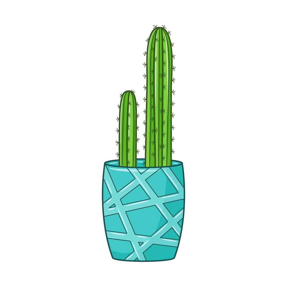 Vector cartoon cactus in pot. Indoor succulent plant with thorns. Cacti for home and interior. Colorful botanical doodle illustration isolated on white background.