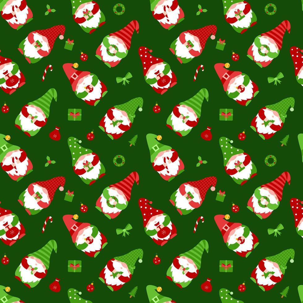 Seamless pattern with small gnomes in caps. Cute Christmas elf characters holding gift, candy, christmas ball.Flat vector elements for fabric, wallpaper, wrapping paper. Christmas dwarfs on dark green