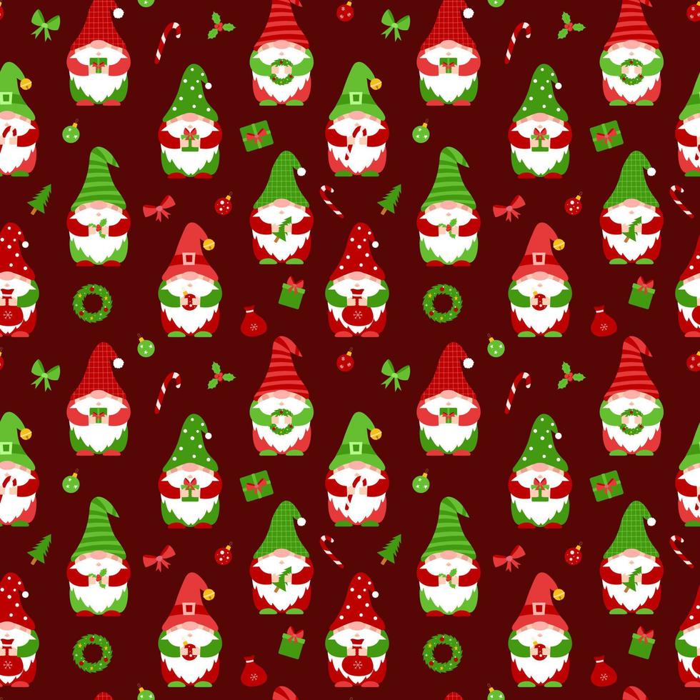 patrón sin costuras con pequeños gnomos. lindos personajes de dibujos animados de elfos navideños con regalo, dulces, bola de navidad. elementos vectoriales planos para tela, papel pintado, papel de regalo. enanos navideños en rojo oscuro vector