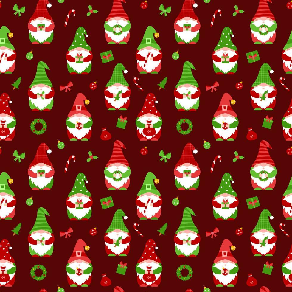 Seamless pattern with small gnomes. Cute Christmas elf cartoon characters holding gift, candy, christmas ball. Flat vector elements for fabric, wallpaper, wrapping paper. Christmas dwarfs on dark red