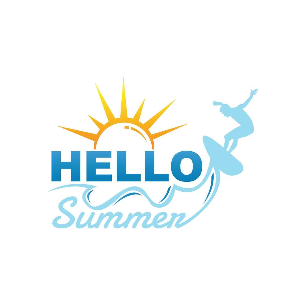 Hello Summer background with surfing men on abstract graphic shape design vector