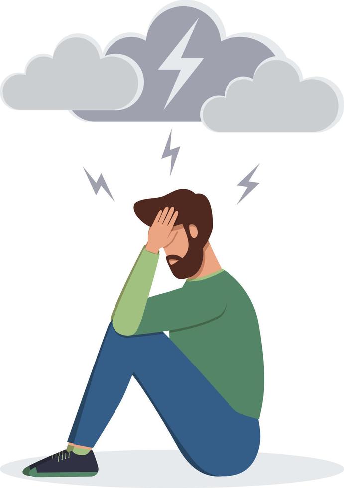 Stressed man sitting on the floor and holding his head vector