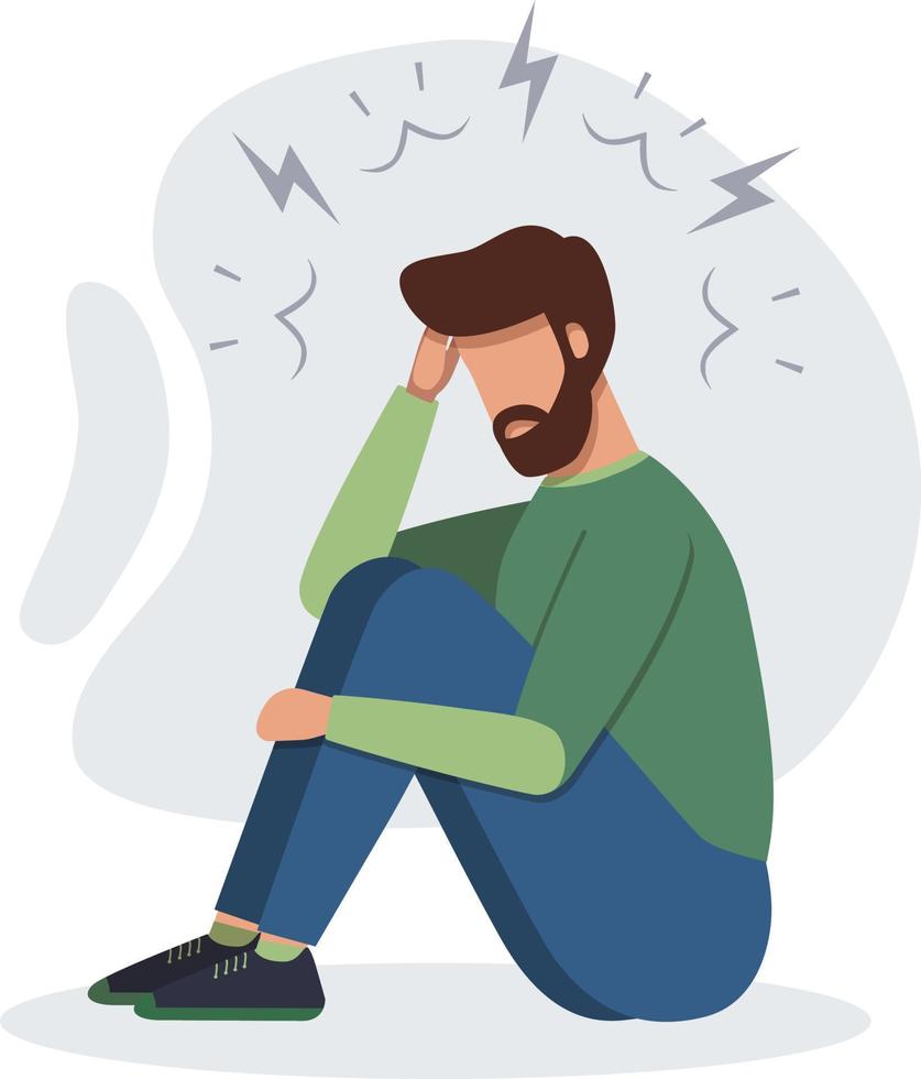 Stressed man sitting on floor and holding his head vector