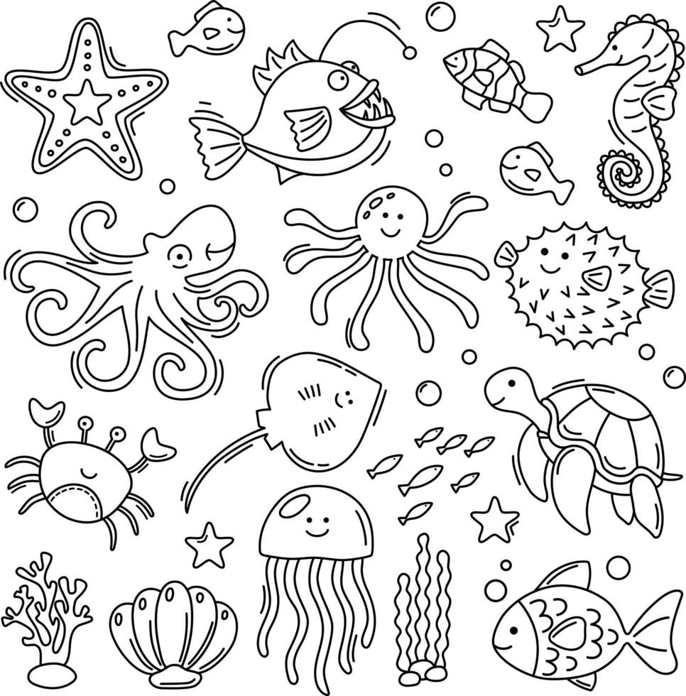 Doodle happy underwater animals collection vector
