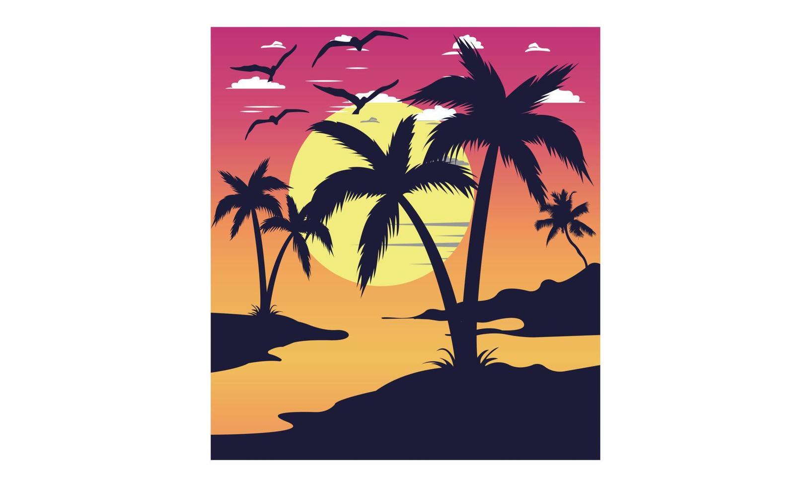 Island Natural Summer Sunset vector and Illustrations Design. Background with digital illustration of the natural landscape Creative Kids, and Summer Theme Vector Illustration.