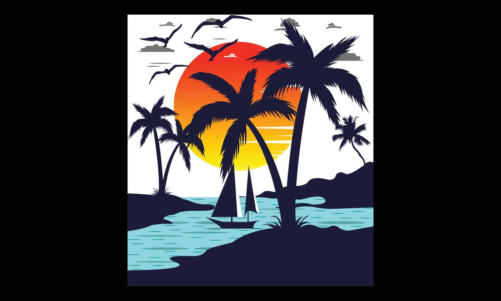 diseño de ilustraciones y vectores de puesta de sol de verano natural de la isla. fondo con ilustración digital de los niños creativos del paisaje natural e ilustración de vector de tema de verano.