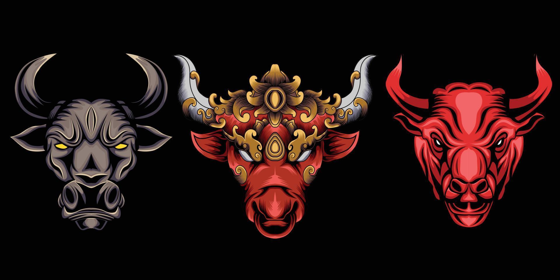 Collection of bull head illustration vector