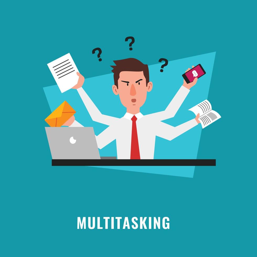 Multitasking businessman with many hands vector