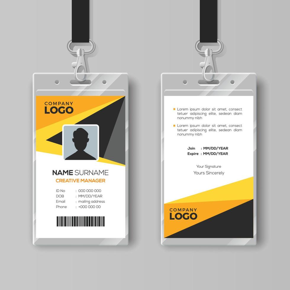 plantilla de tarjeta de identificación profesional con detalles amarillos vector