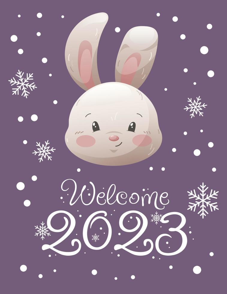 Greeting card with welcome 2023 and face of cartoon rabbit vector