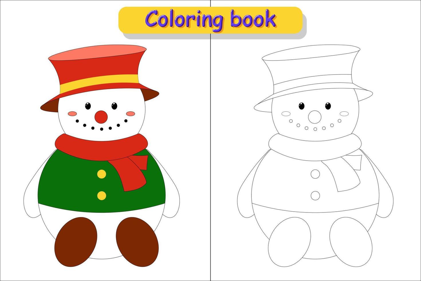 Children's coloring book snowman in hat, picture in color and without color vector