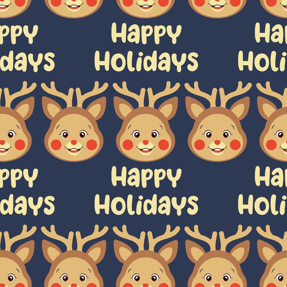 Christmas pattern with wish of happy holidays and cartoon deer on gray-blue background vector