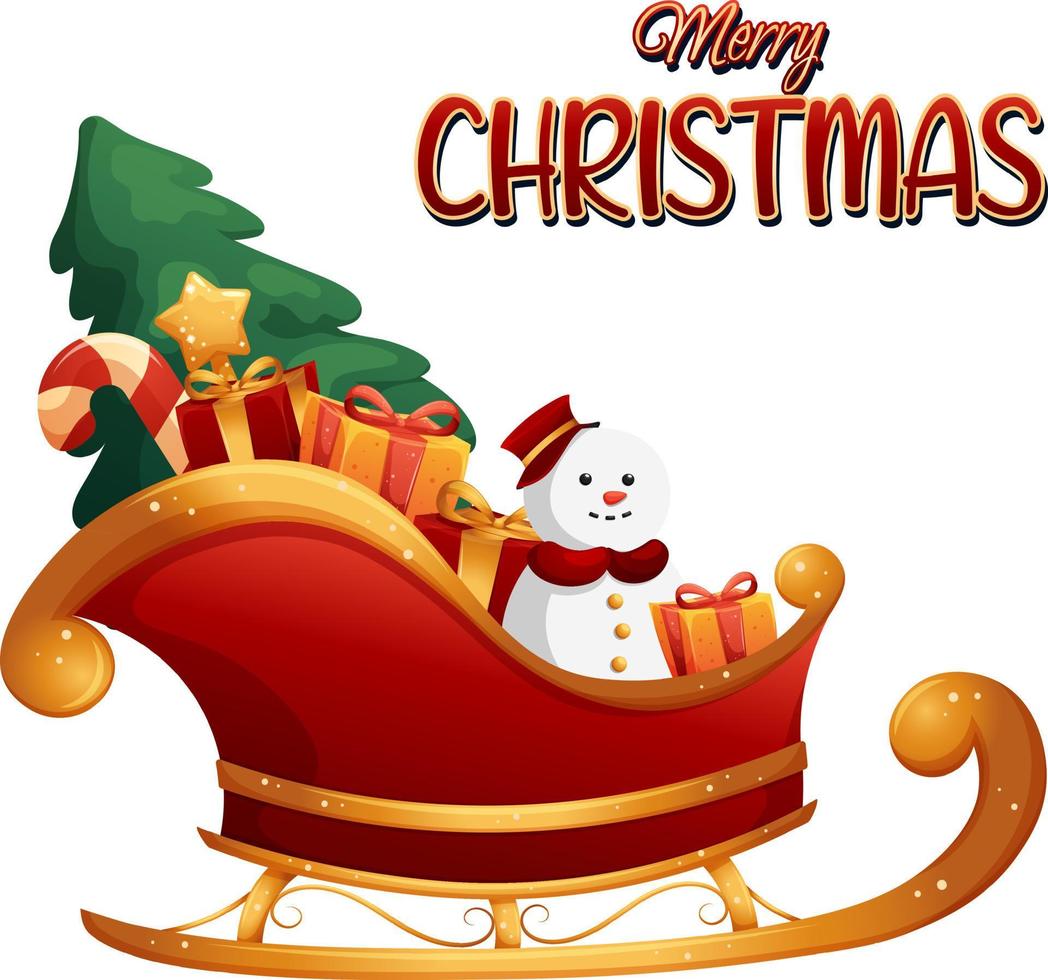 Cartoon Santa Claus sleigh with gifts and lettering merry Christmas on transparent background vector