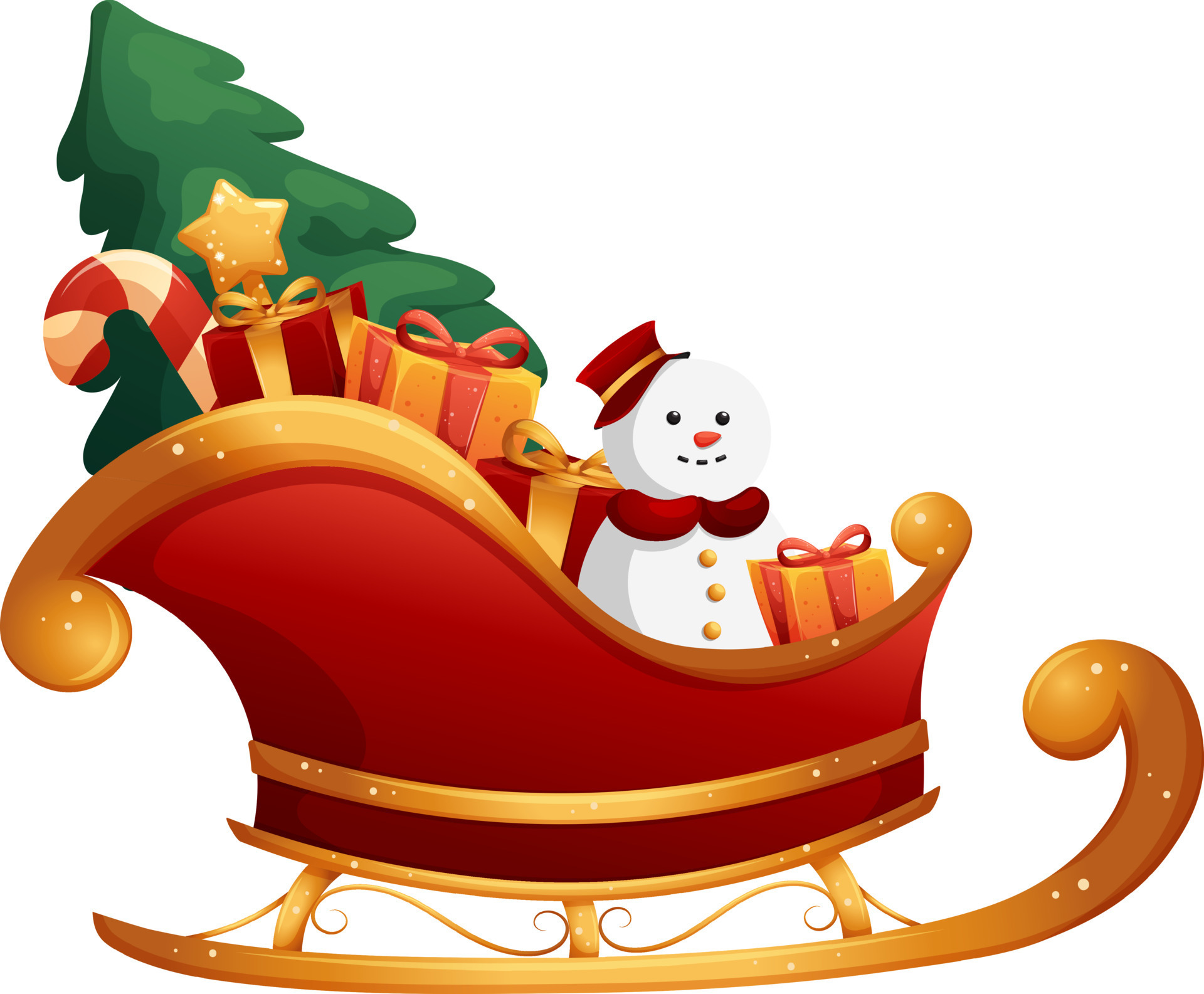 Cartoon Santa Claus sleigh with gifts and Christmas tree on transparent