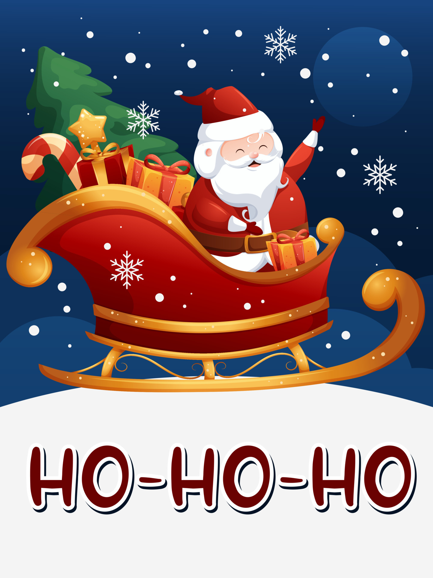 Christmas card with cartoon sleigh and Santa Claus with lettering ho-ho-ho  14745214 Vector Art at Vecteezy