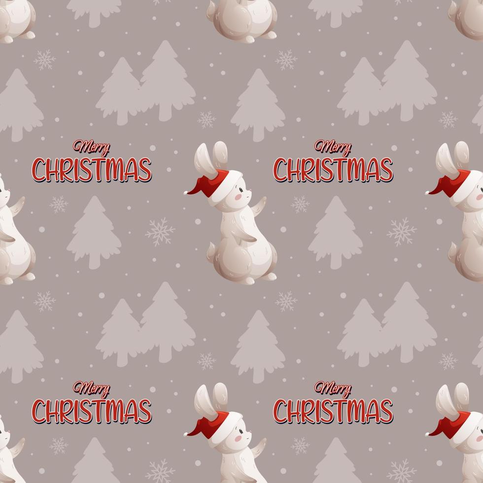 Christmas pattern with wish and rabbit in hat on gray background with snow and Christmas trees vector