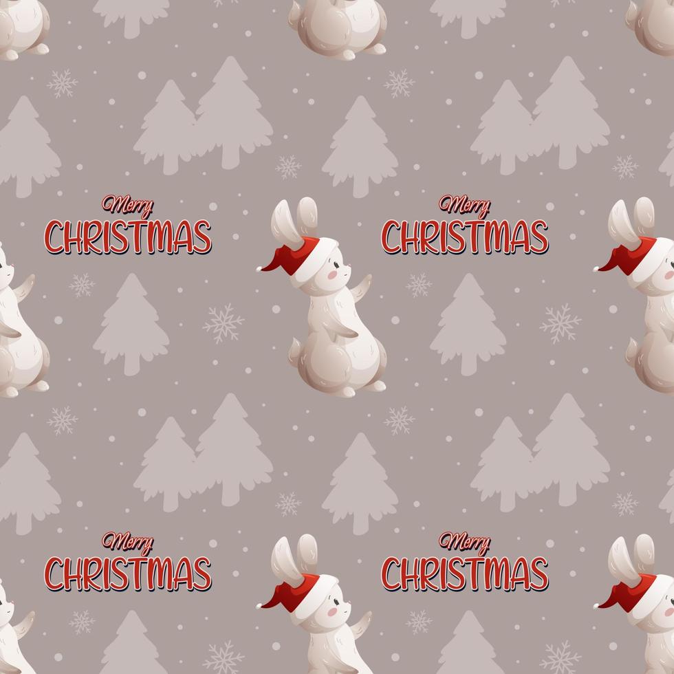 Christmas pattern with wish and rabbit in hat on gray background with snow and Christmas trees vector