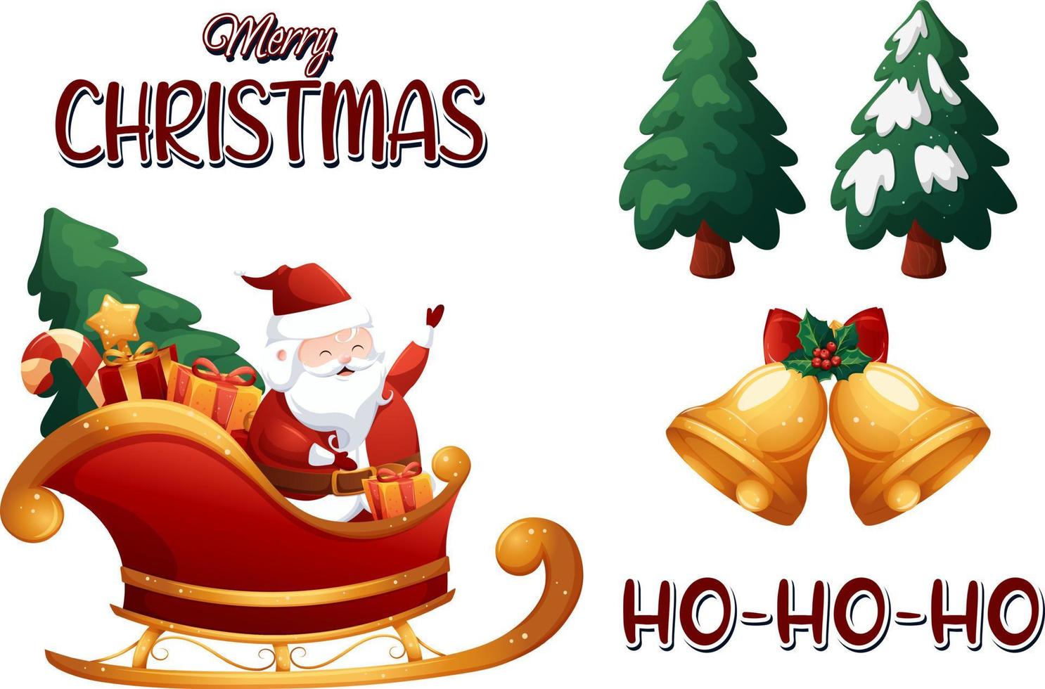 Cartoon Christmas set with sleigh, Santa Claus, bells, Christmas tree, Merry Christmas and ho-ho-ho vector