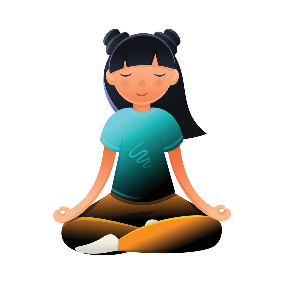 A young girl sits in the lotus position. Female character in cartoon style is meditating with closed eyes. Vector illustration isolated on a white background.